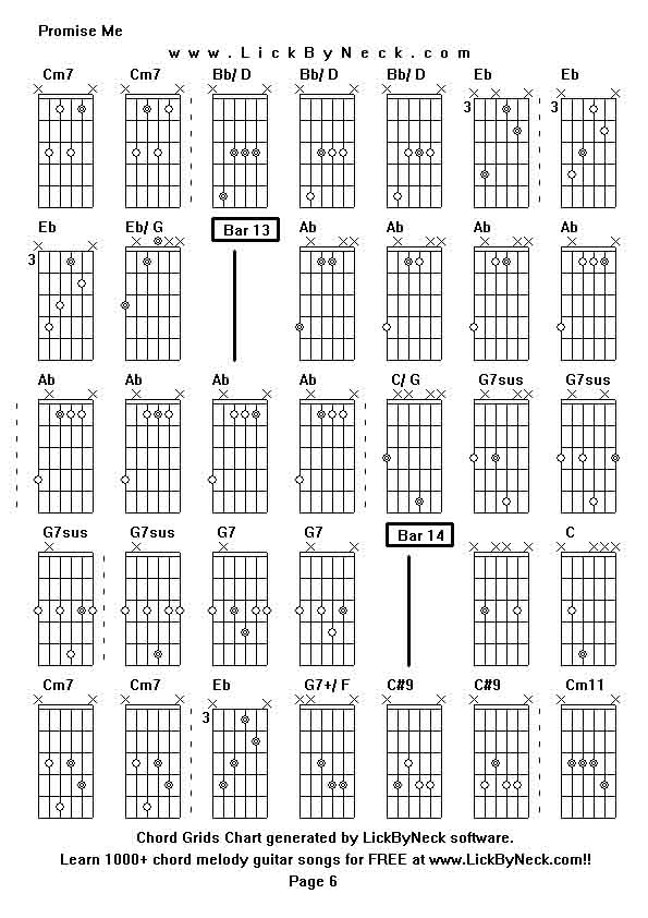 Chord Grids Chart of chord melody fingerstyle guitar song-Promise Me,generated by LickByNeck software.